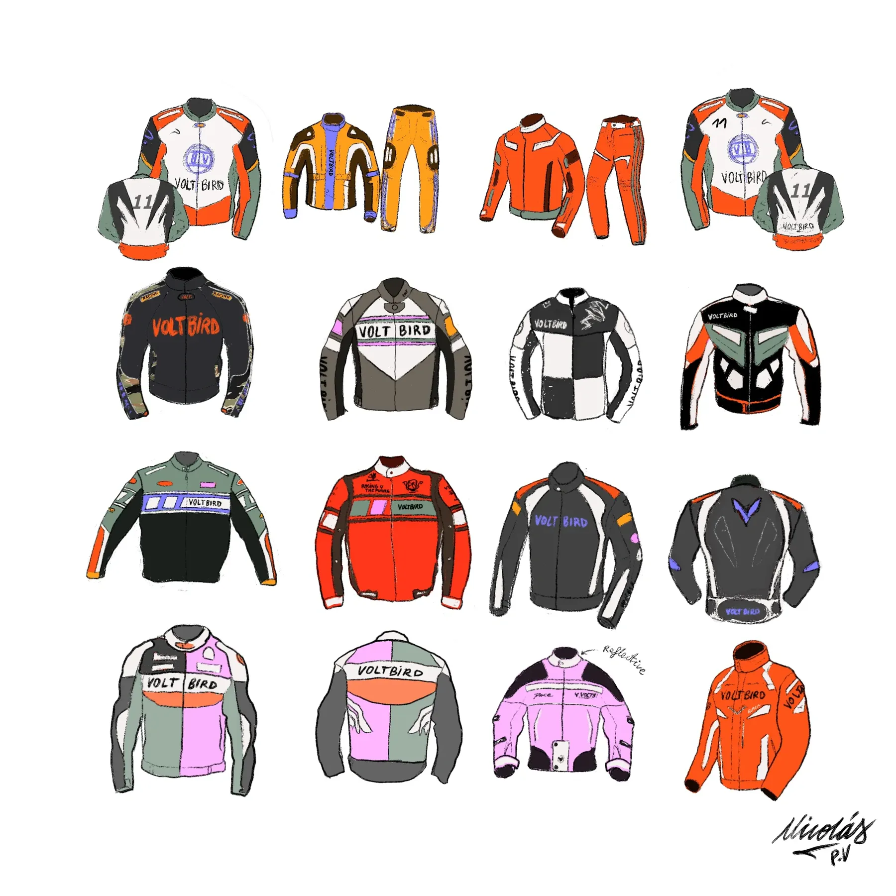 A collection of illustrated jacket and apparel concepts