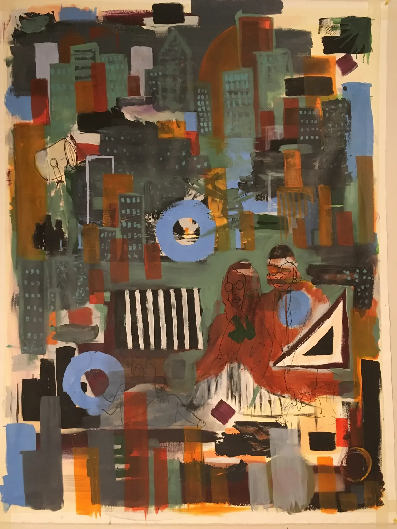 Dense acrylic assemblage of architectural forms and layered marks