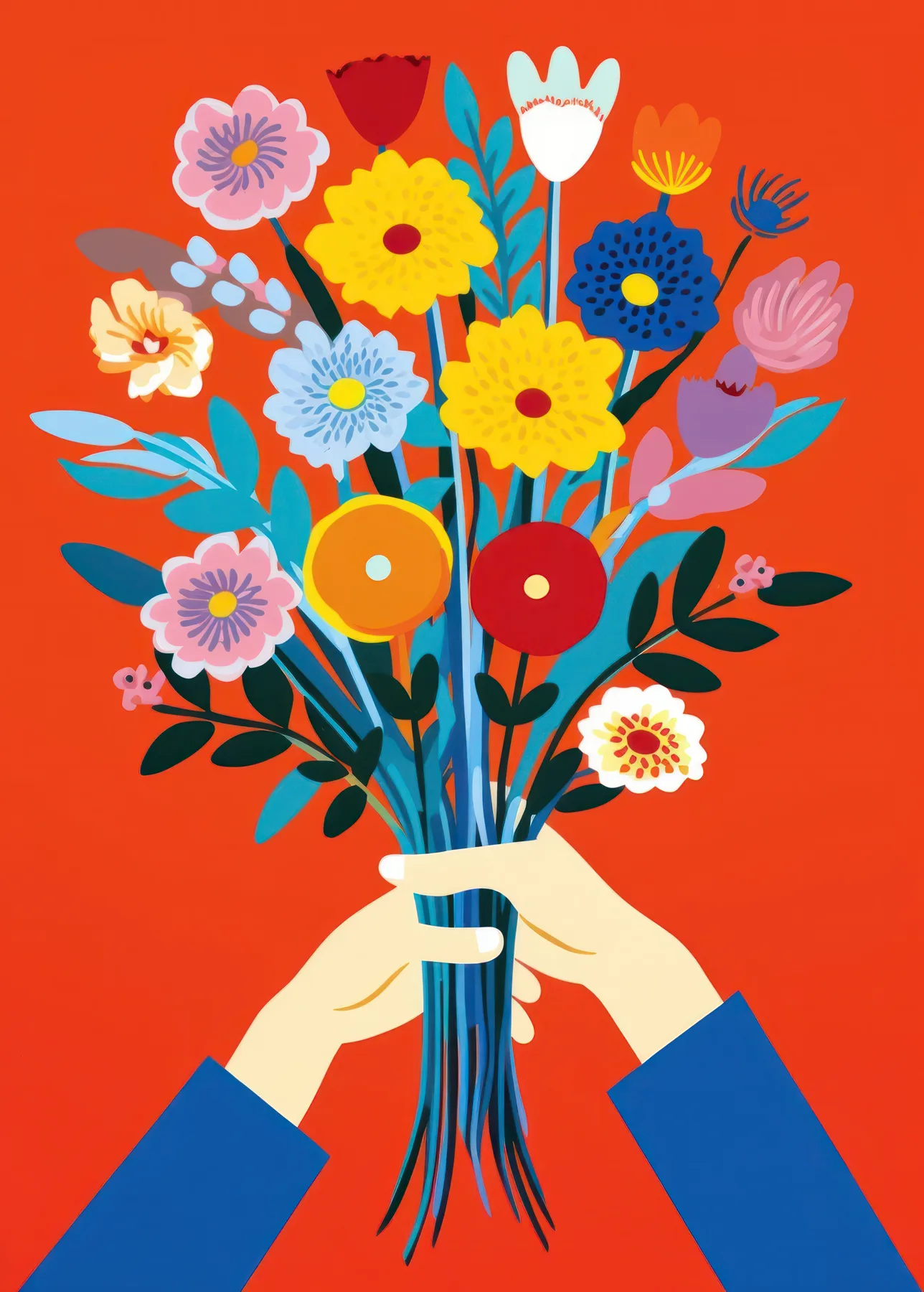 Graphic bouquet illustration on a saturated coral background