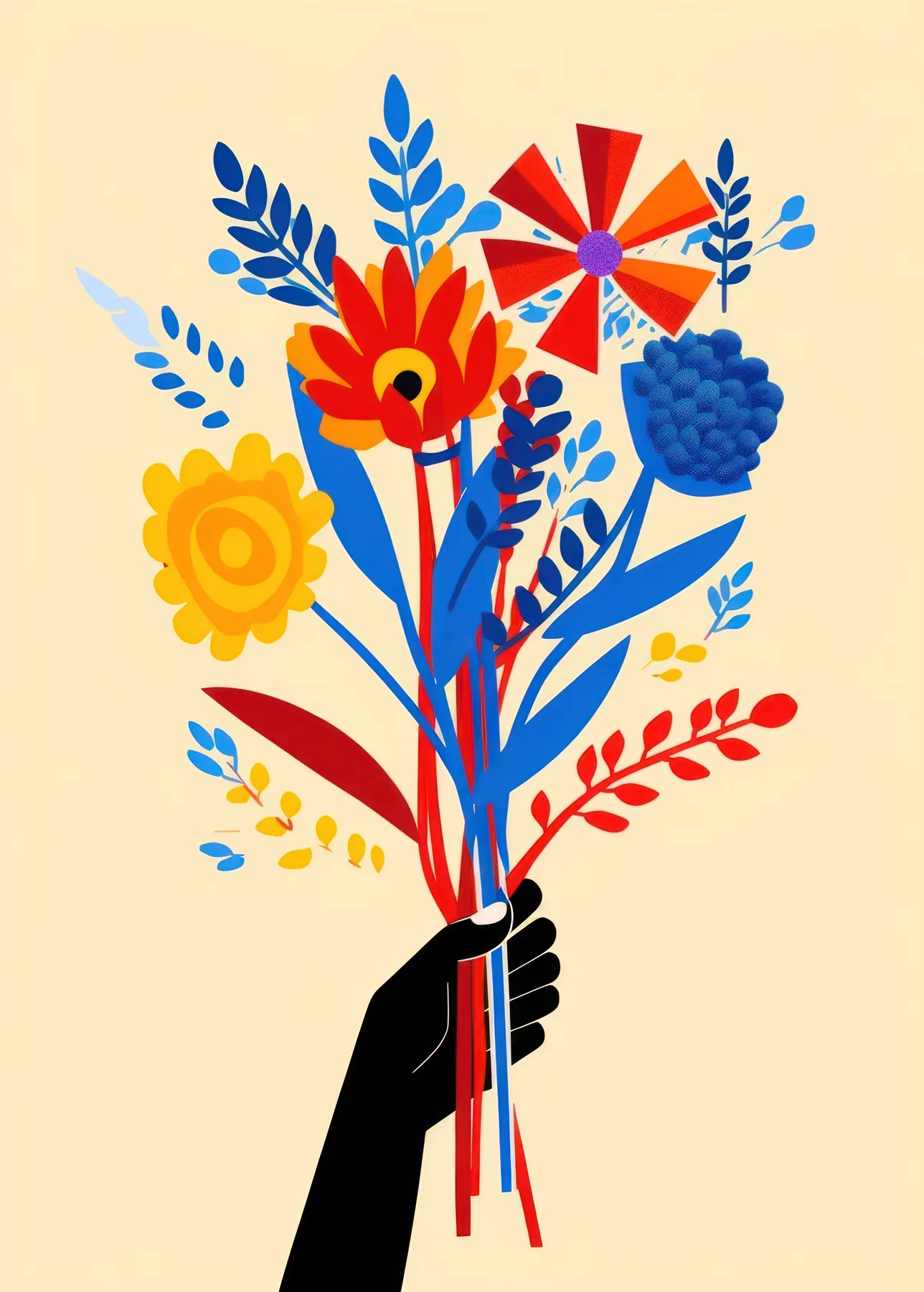 Folk-inspired floral illustration held by a black hand