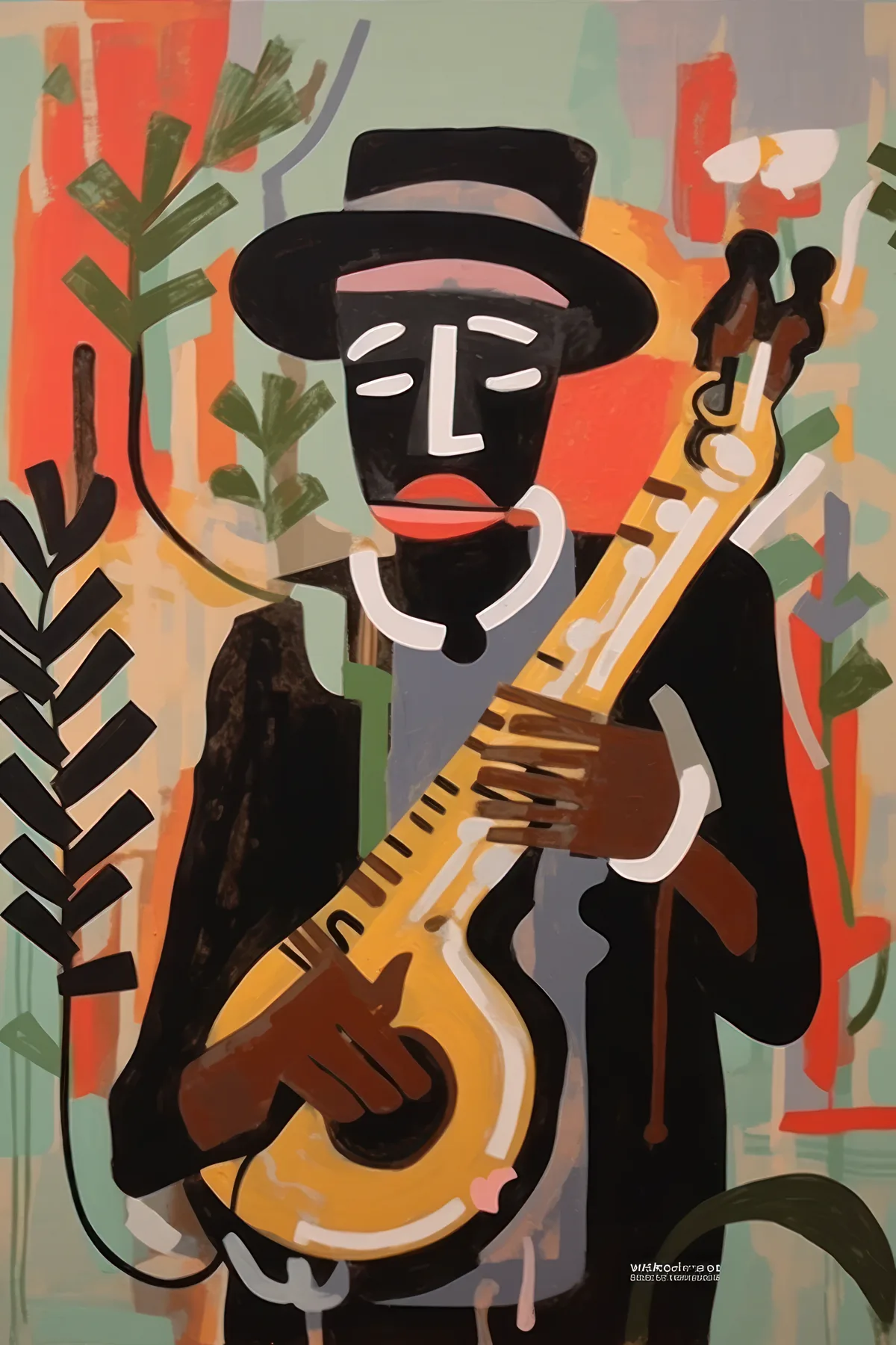 Painterly digital portrait of a musician playing guitar