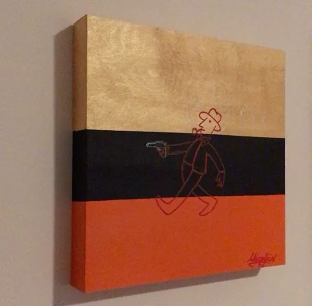 Acrylic canvas divided into gold, black and coral fields