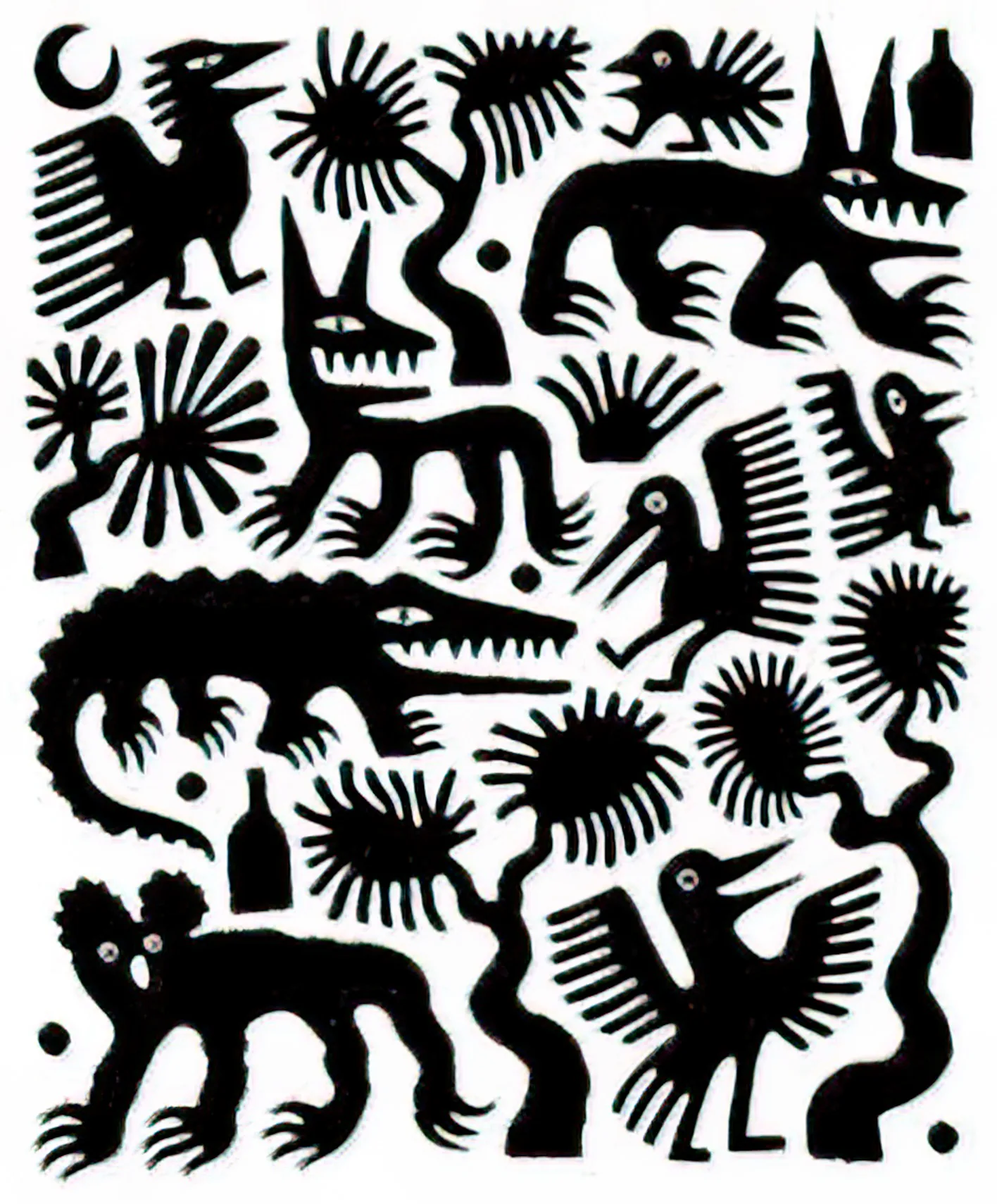 Estampa de tinta con animales y simbolos