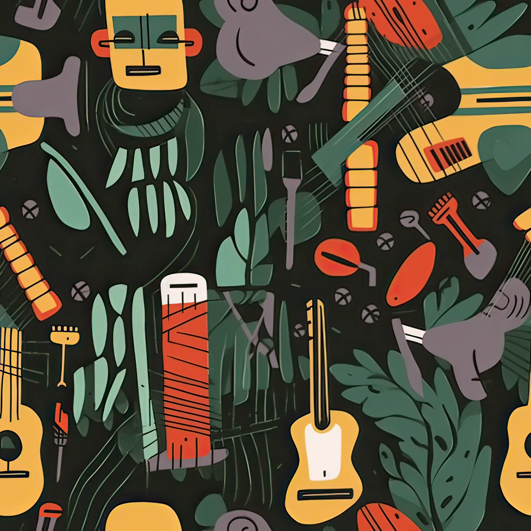 Illustrated jungle pattern filled with instruments and masks