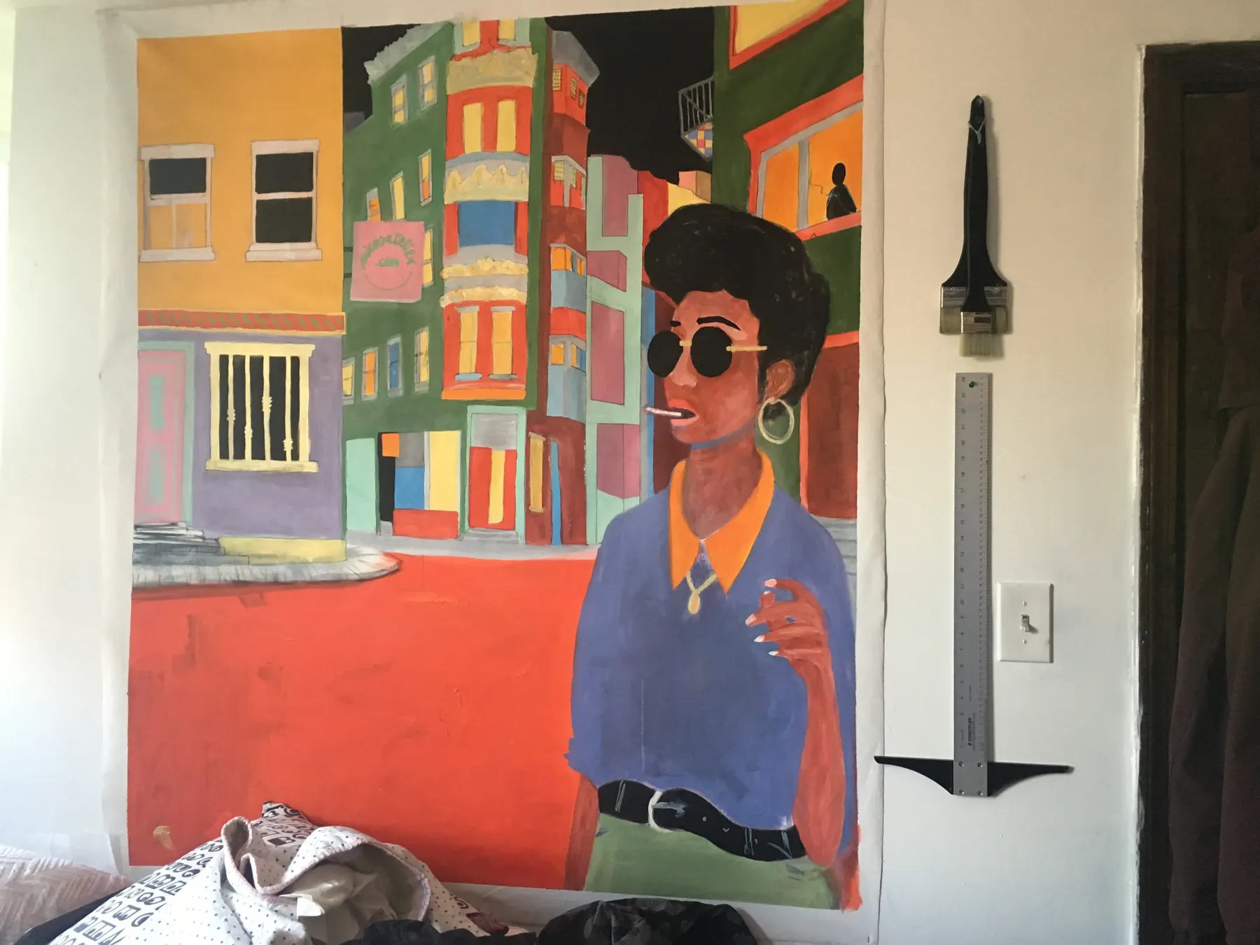 A painted interior portrait in warm orange, green and red tones