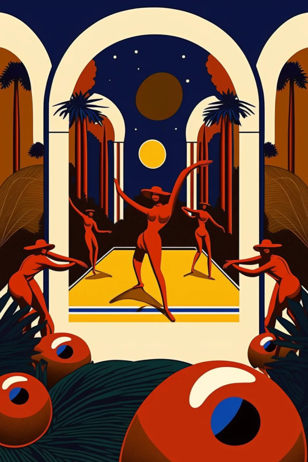 Digital illustration of figures moving through an architectural portal