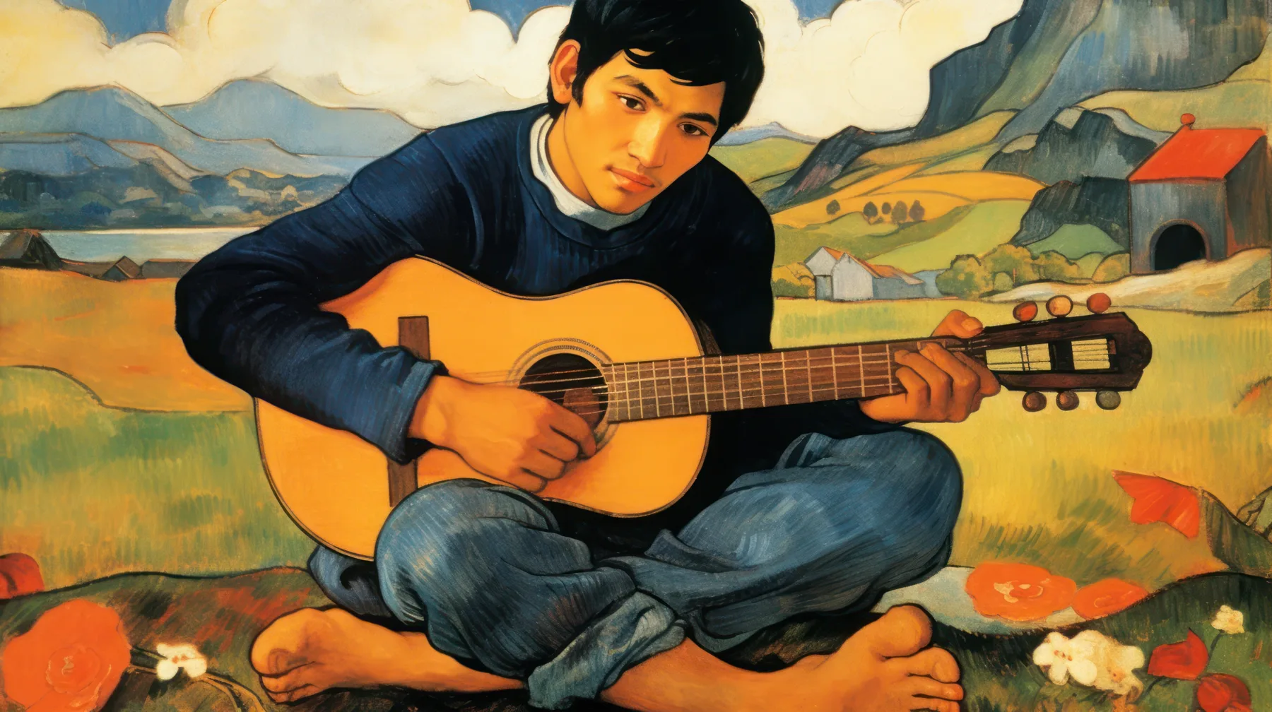 Digital painting of a seated guitarist in a landscape
