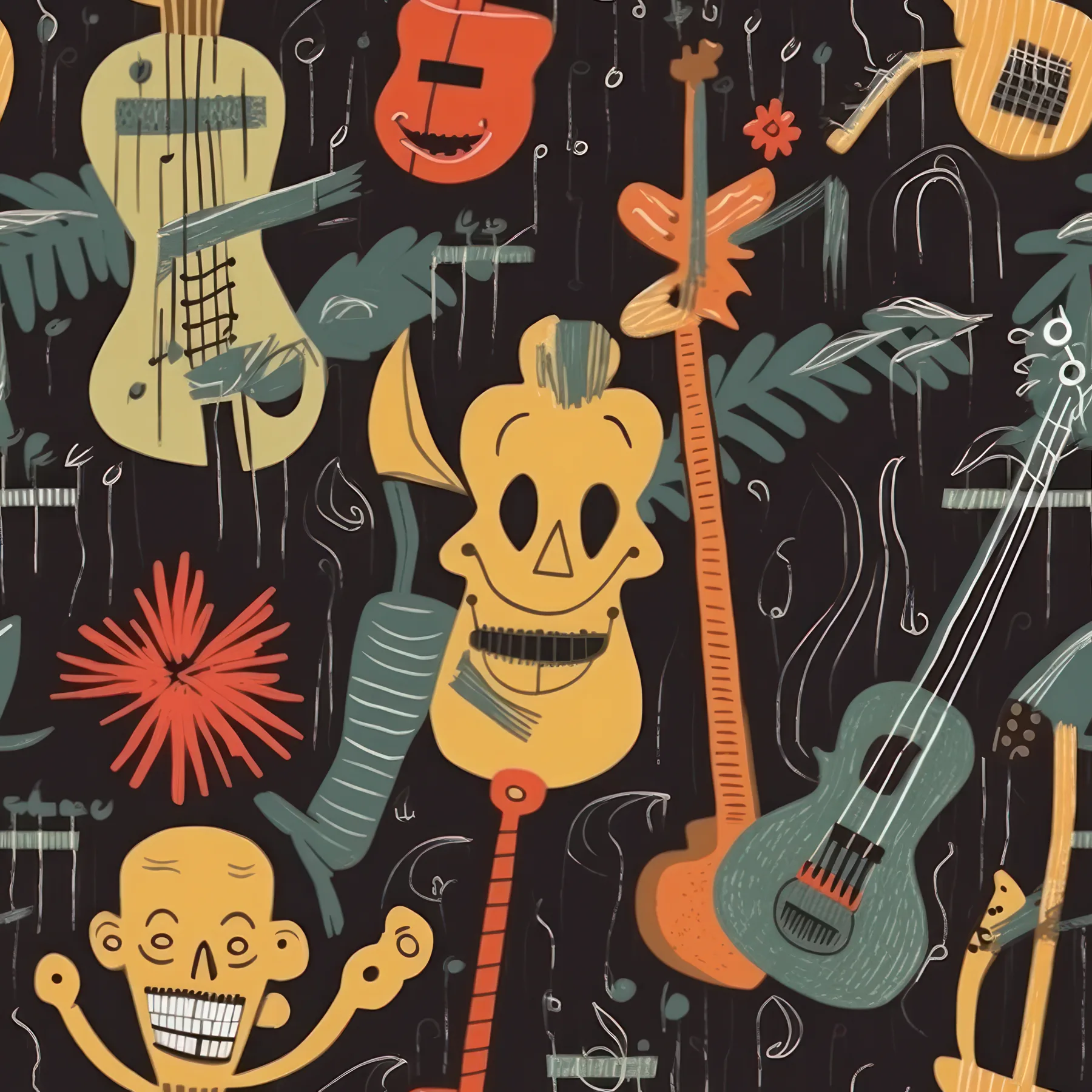 Playful illustrated skeletons and musical instruments