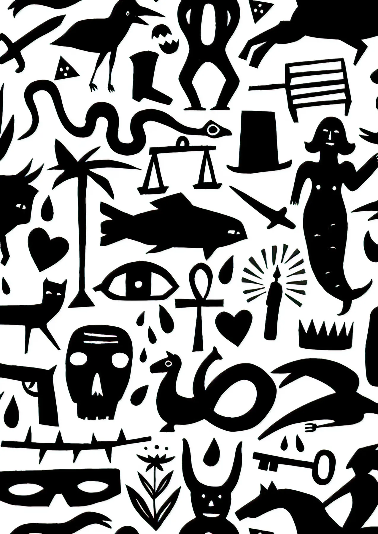 Black and white field of hand-drawn studio glyphs
